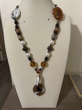 Artisan Brown and White Glass Pendant Necklace